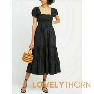 O.P.T. // ltd ed daphne black puff sleeve on/off shoulder smocked & tiered dress